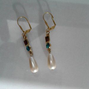 Vintage TRIFARI  Faux Pearl Dangle  Gold Tone Earrings